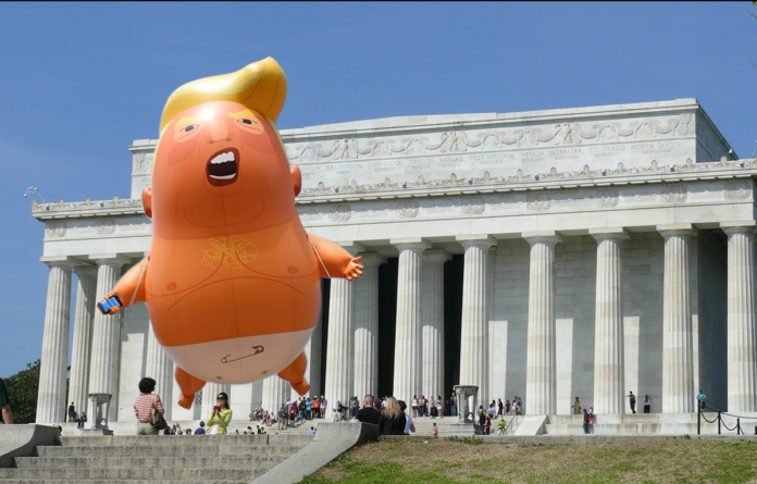 Trump blimp via YouTube with Lincoln Memorial via Pixabay